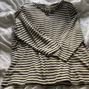 Long sleeve stripped shirt with jeweled neck
